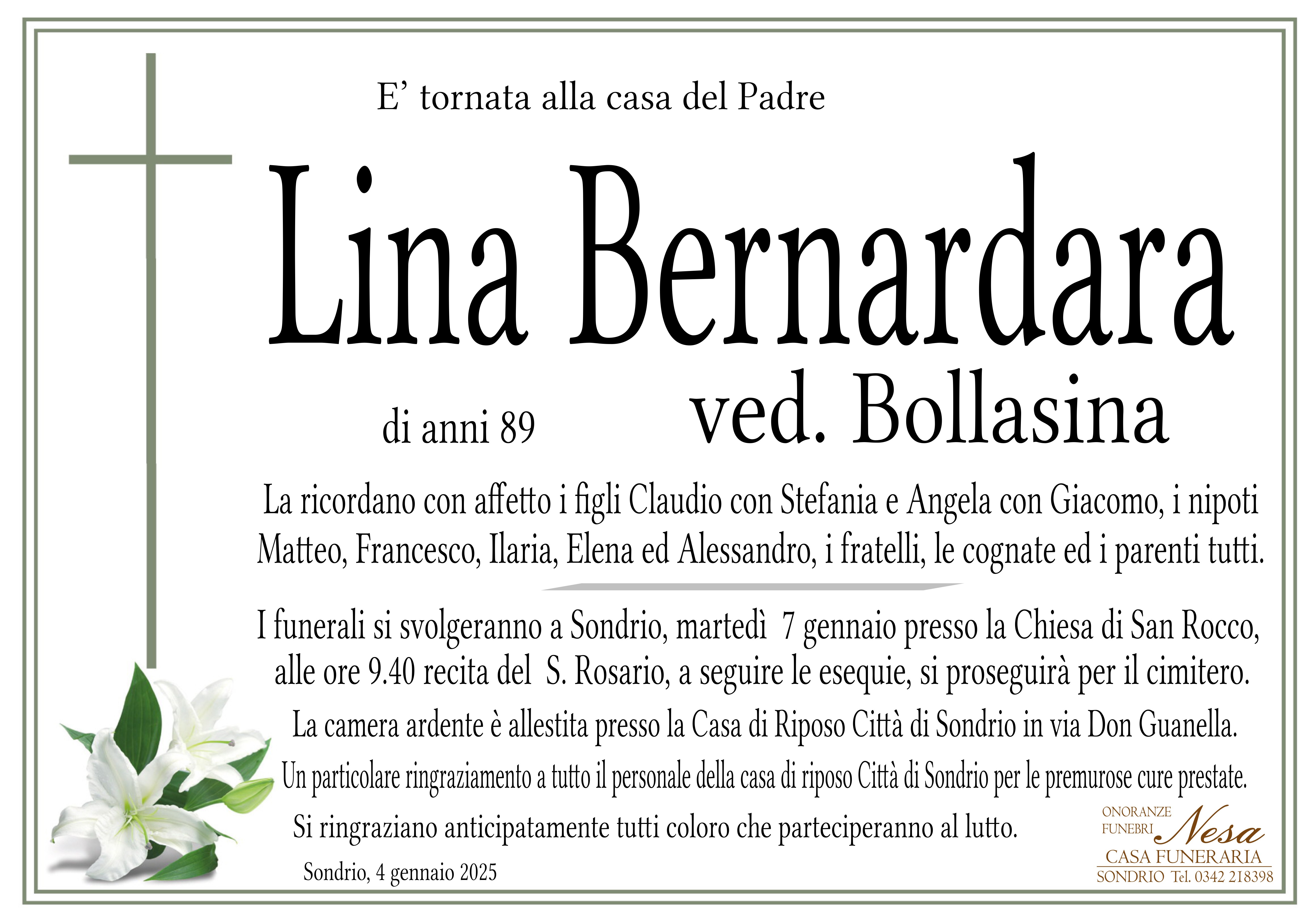 Necrologio Lina bernardara ved. Bollasina